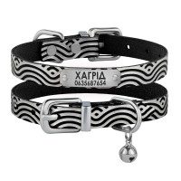 Ошейник для Кошек Кожаный Barksi Classic Одинарный с Серебряным Тиснением Волна Черный
