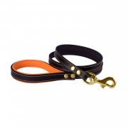 Поводок для Собак Шкіряний BronzeDog Premium з Литий латунний фурнітура Чорно-Помаранчевий